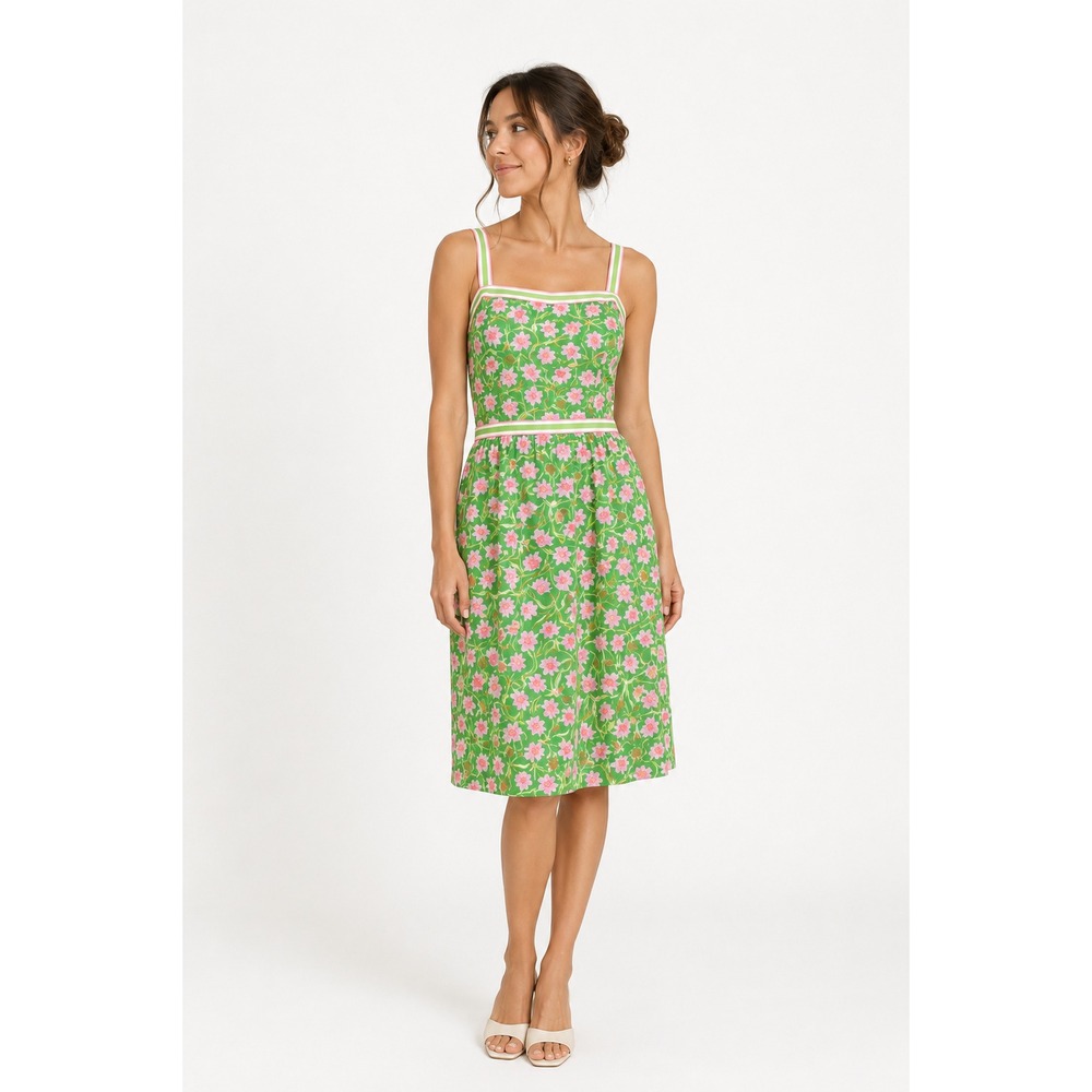 VTG Liza by‎ Lilly Pulitzer Vintage Floral Sundress Green Pink Striped Trim 9/10